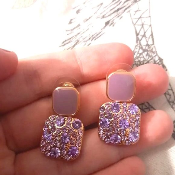 Vibrant Art Deco Purple Square Rhinestone Dangle Drop Earrings for Women - Picture 3 of 5